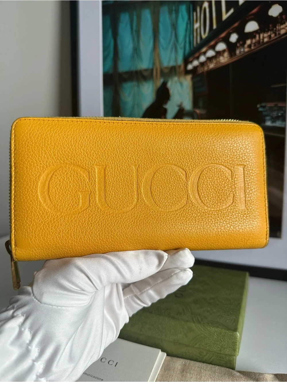 Gucci Yellow Embossed Logo Pebbled Leather Zip Around Wallet w/ Box and Dusty ⭐